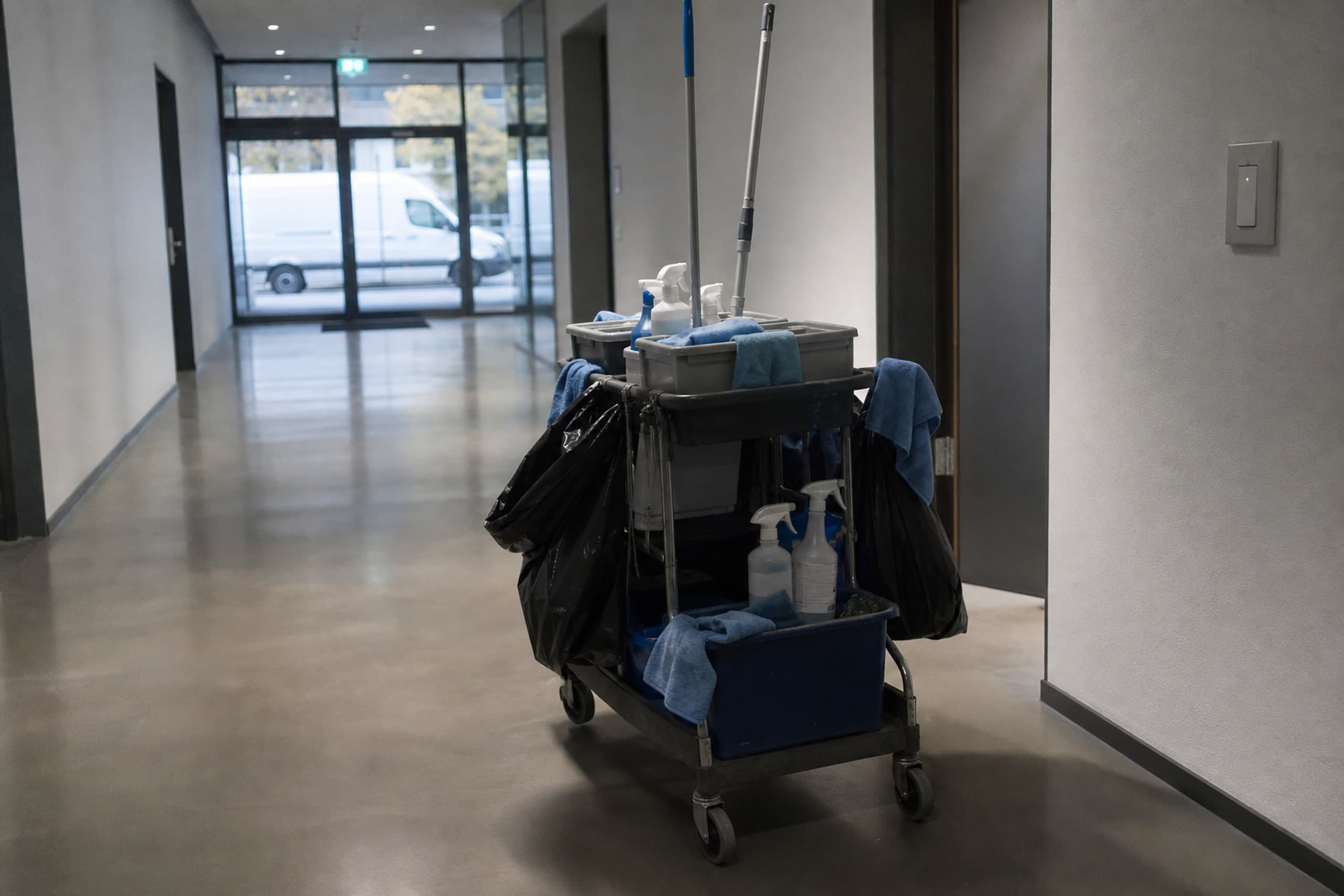 Reinigungswagen in einem leeren Büroflur, im Hintergrund eine Glastür zum Eingang